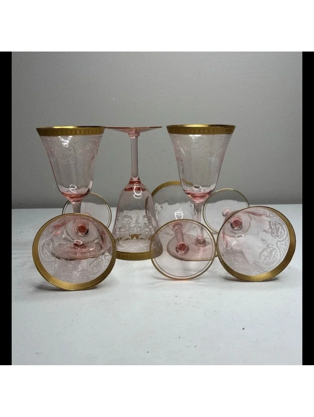 Cambridge Crystal Etch 704 Gold Encrusted Pink Wine Glass set of 6